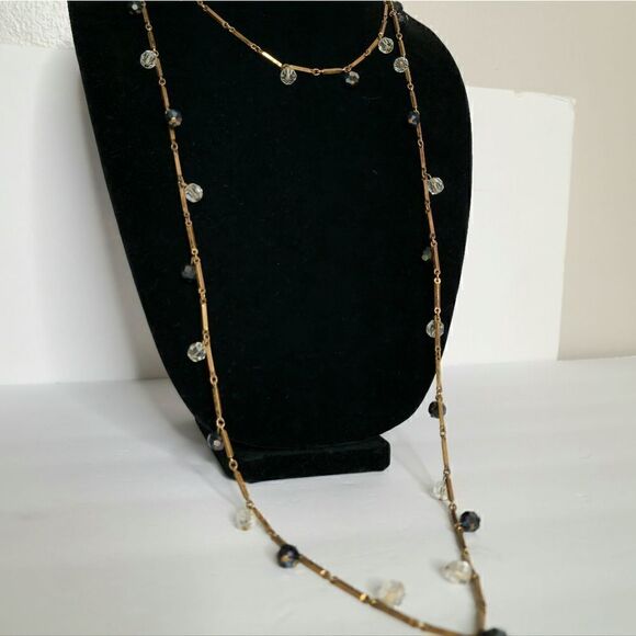 Vintage Gold Lucite floating beaded bar link double necklace - Picture 2 of 14
